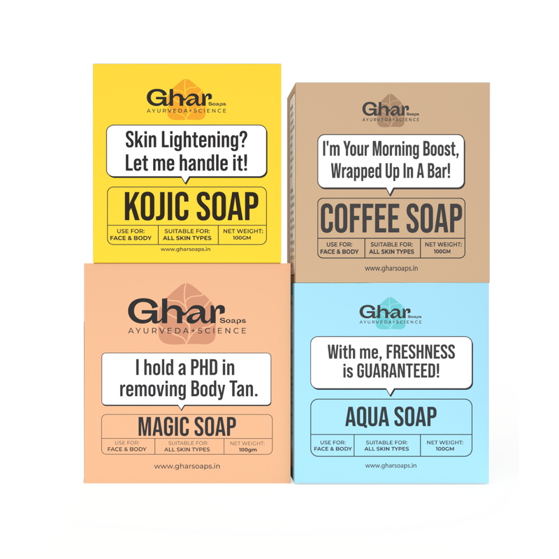 Ghar Soaps combo pack featuring four soaps – Kojic Soap for skin lightening, Coffee Soap as a morning energizer, Magic Soap for removing body tan, and Aqua Soap for guaranteed freshness – each 100g and suitable for all skin types.

