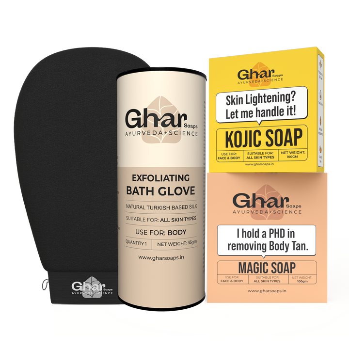 Ghar Soaps Brighter Skin Combo featuring an Exfoliating Bath Glove made from natural Turkish-based silk, Kojic Soap for skin lightening, and Magic Soap for removing body tan – all suitable for all skin types.
