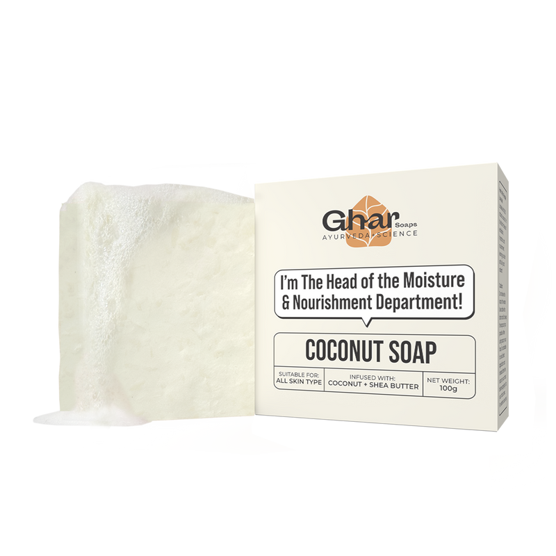 A bar of white coconut soap is shown next to its packaging, which reads "Coconut Soap" and highlights moisture and nourishment benefits.