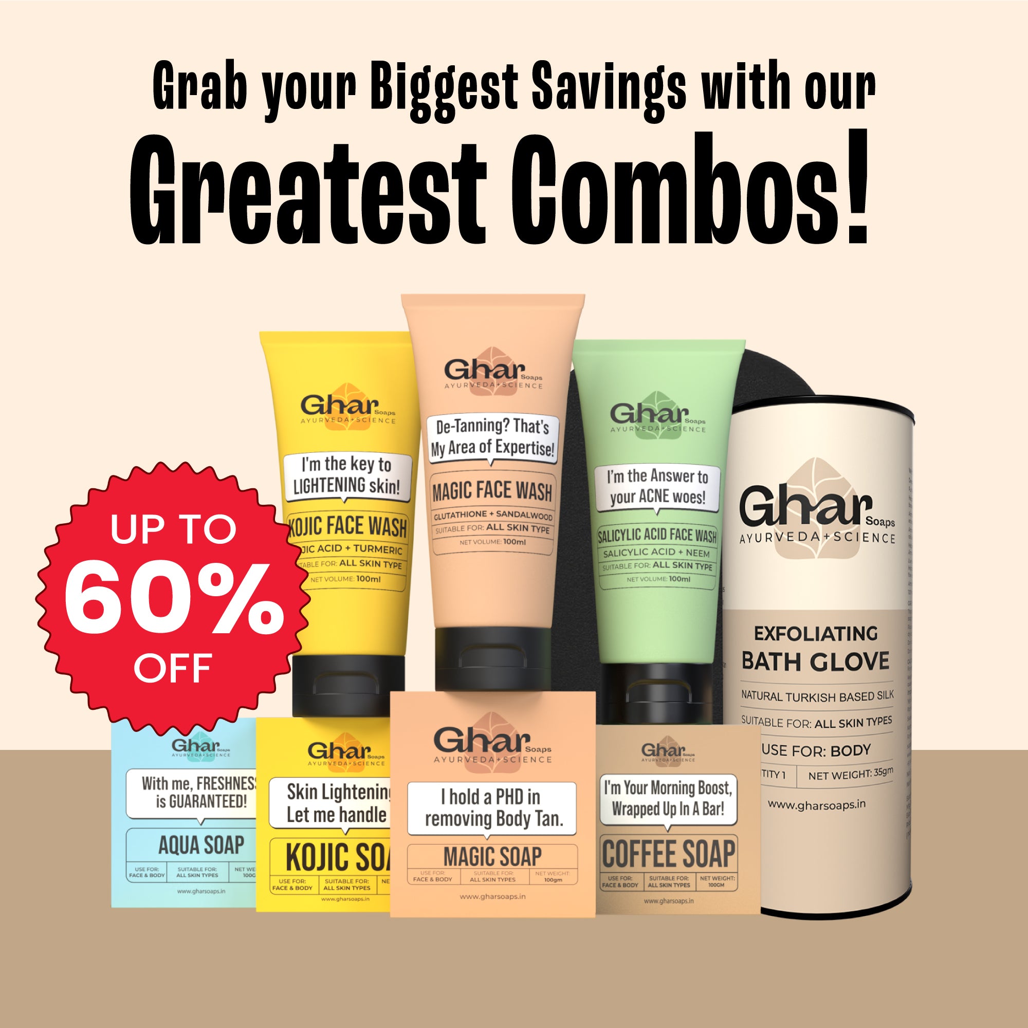 Gharsoaps combo offer banner with face washes, soaps, bath glove, and up to 60% off deal.
