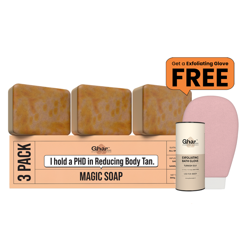 Free exfoliating Body Glove + Pack of 3 Magic Soap