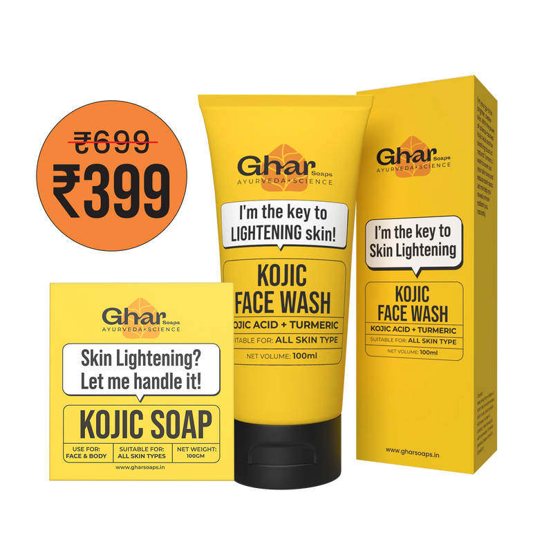 Ghar Soaps Kojic Face Wash and Kojic Soap combo for skin lightening with kojic acid and turmeric, suitable for all skin types, now priced at ₹399 (originally ₹699).
